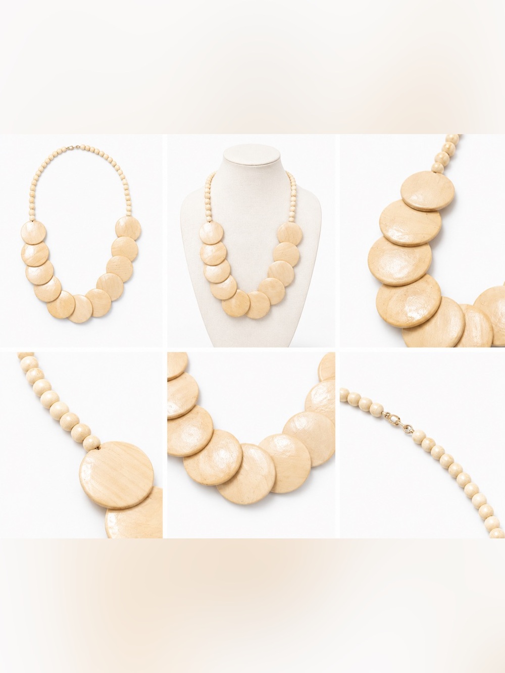 Beige Wooden Disc Statement Necklace - Women Jewelry